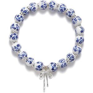 Blue(Silver) Flower Handmade Stretch Dainty Bead Bow Charm Bracelet for Women